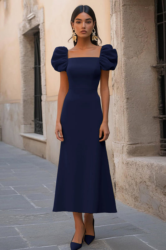 Navy A Line Square Neck Long Satin Formal Dress