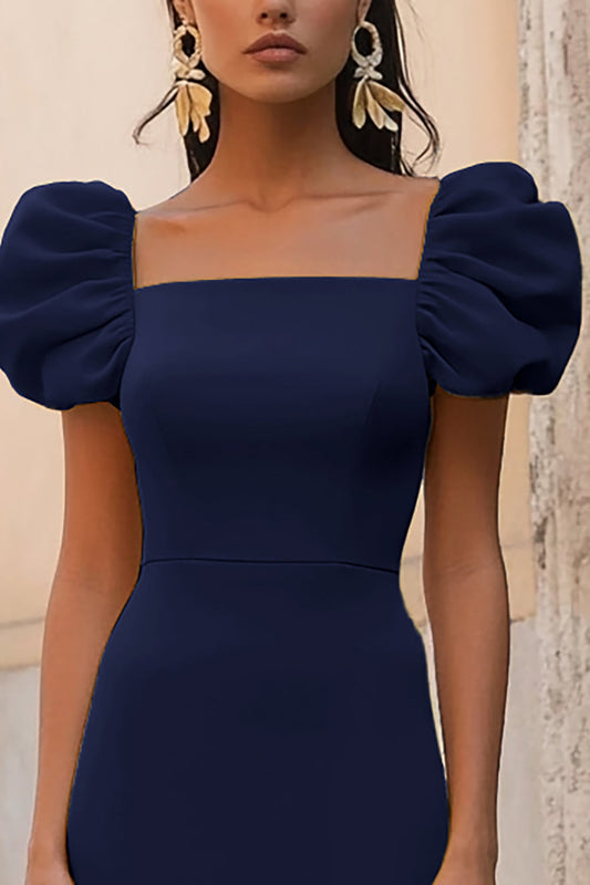 Navy A Line Square Neck Long Satin Formal Dress