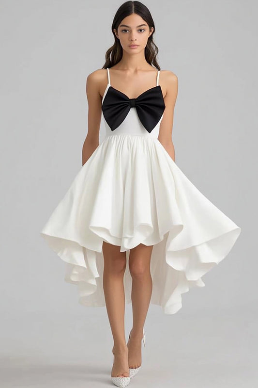 White and Black High-Low A Line Graduation Dress with Bows