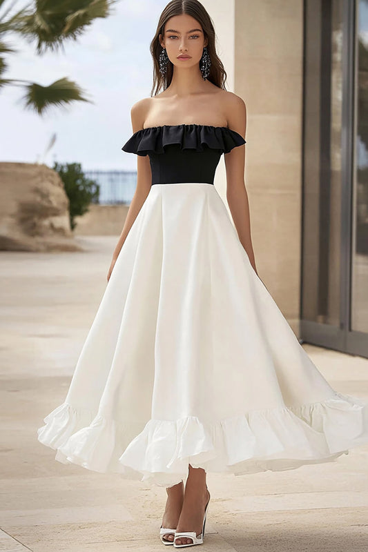 Black and White A Line Long Strapless Formal Dress with Ruffles