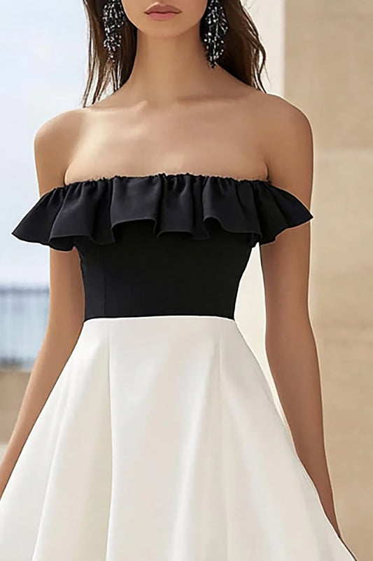 Black and White A Line Long Strapless Formal Dress with Ruffles