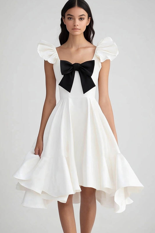 White and Black Ruffled Satin A Line Midi Graduation Dress with Bow