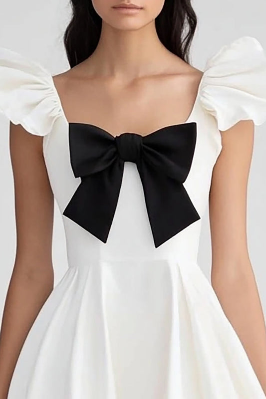 White and Black Ruffled Satin A Line Midi Graduation Dress with Bow