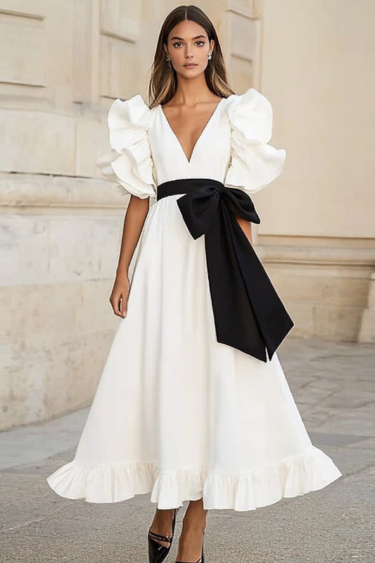 White and Black Satin A Line Long Ruffled Formal Dress with Bow