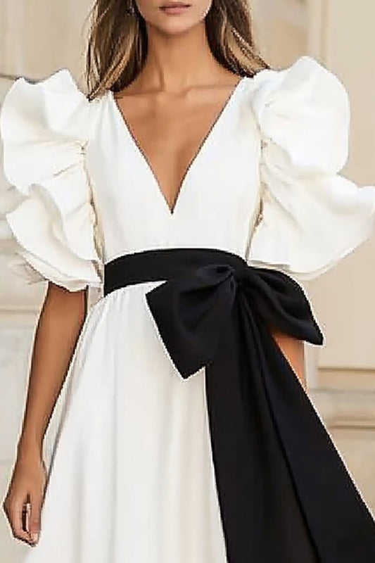 White and Black Satin A Line Long Ruffled Formal Dress with Bow