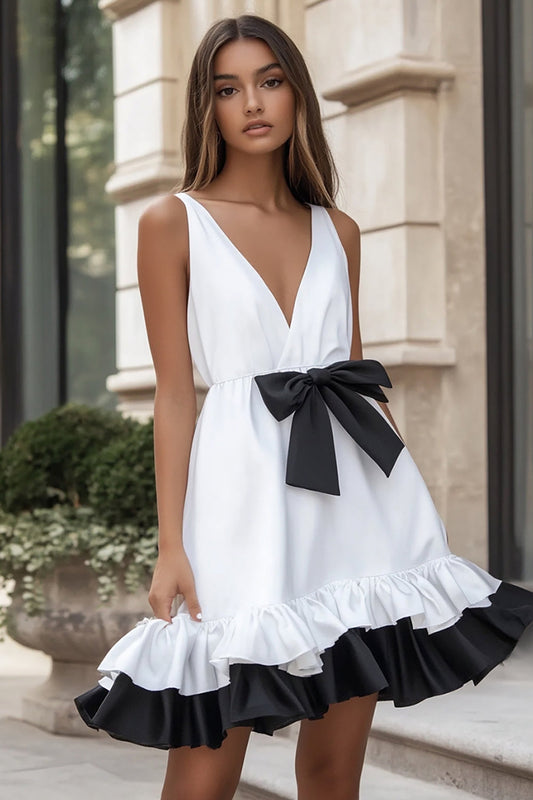 White and Black A Line V-Neck Short Bows Graduation Dress with Ruffles