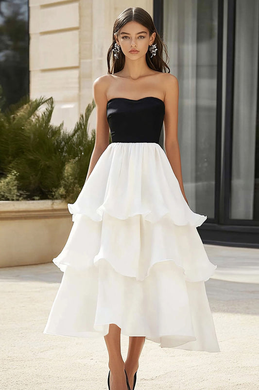 Black and White Chiffon Strapless Tiered Long Formal Dress with Ruffles
