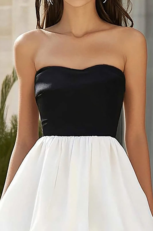 Black and White Chiffon Strapless Tiered Long Formal Dress with Ruffles