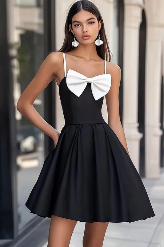 White and Black Satin Short A Line Graduation Dress with Bow