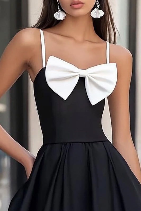 White and Black Satin Short A Line Graduation Dress with Bow