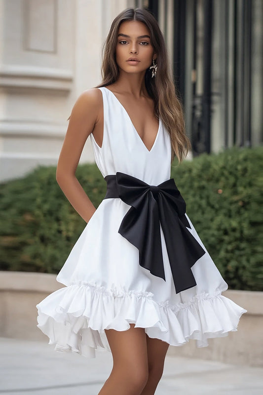 White and Black Ruffled Satin Short V-Neck Graduation Dress with Bow