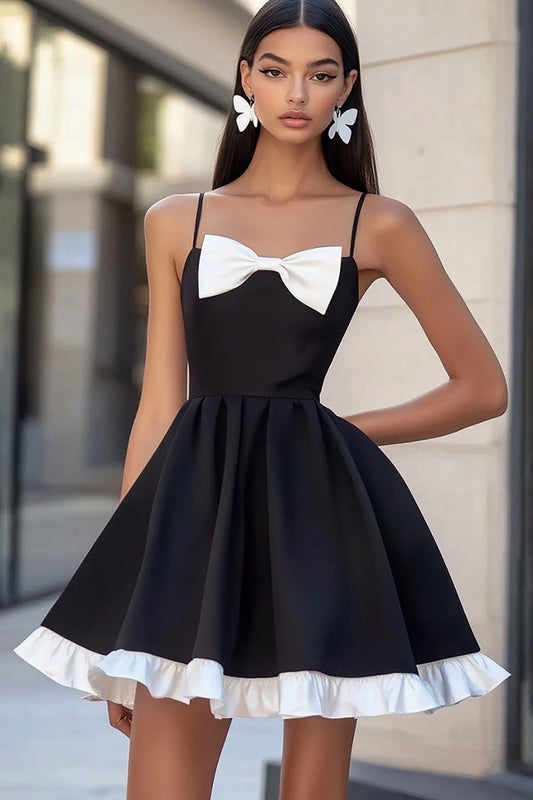 White and Black A Line Short Satin Graduation Dress with Bow