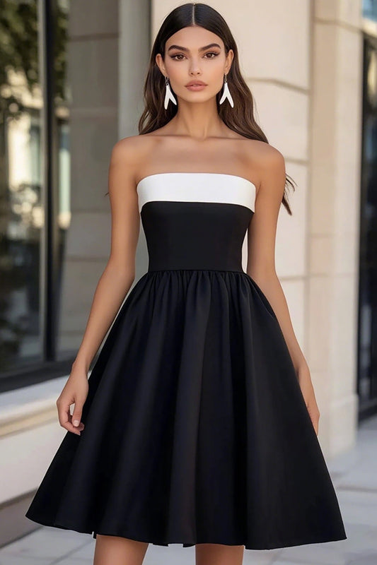 White and Black Strapless A Line Short Satin Graduation Dress