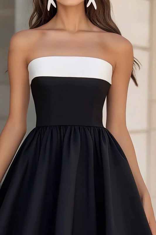 White and Black Strapless A Line Short Satin Graduation Dress