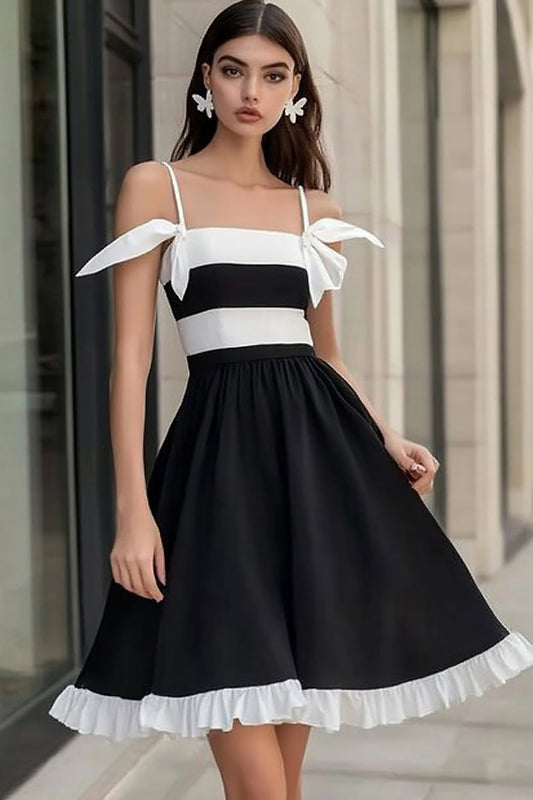 White and Black Spaghetti Straps Satin Short Graduation Dress with Ruffles