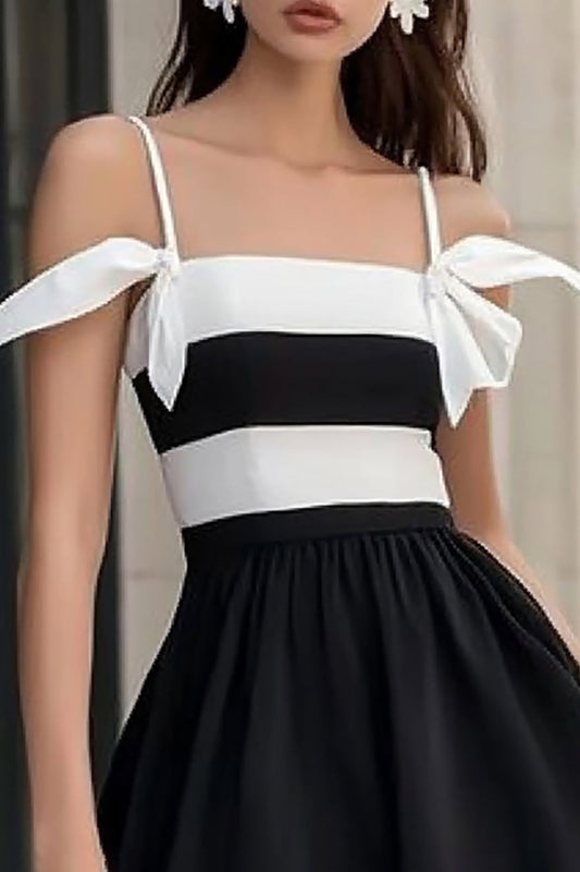 White and Black Spaghetti Straps Satin Short Graduation Dress with Ruffles