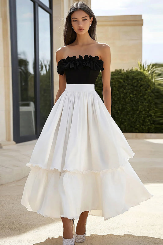 Black and White Tiered A Line Long Strapless Formal Dress with Ruffles
