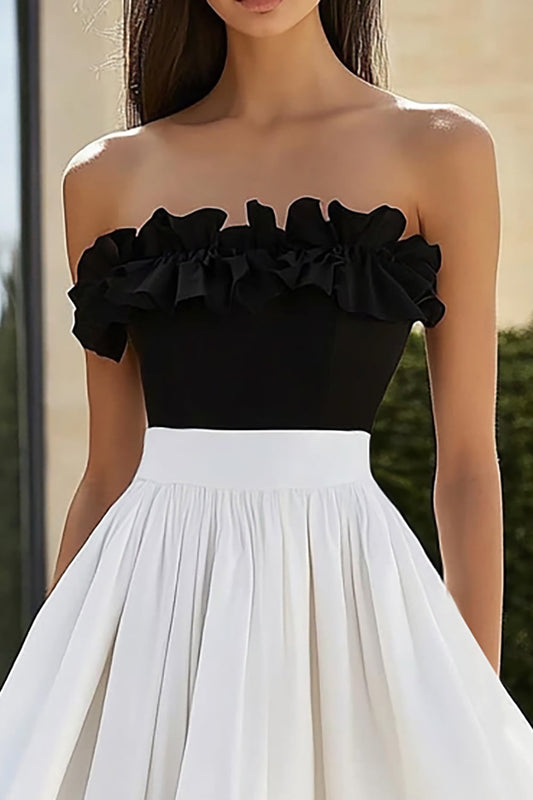 Black and White Tiered A Line Long Strapless Formal Dress with Ruffles