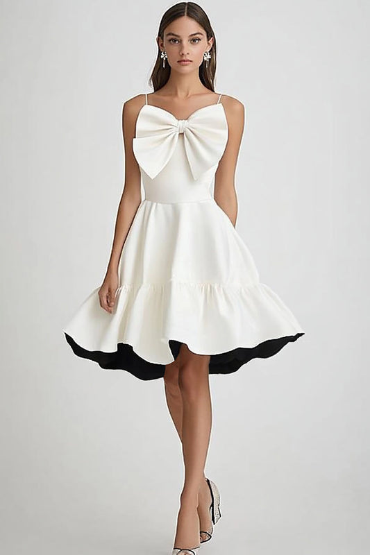 White and Black Ruffled A Line Short Graduation Dress with Bow