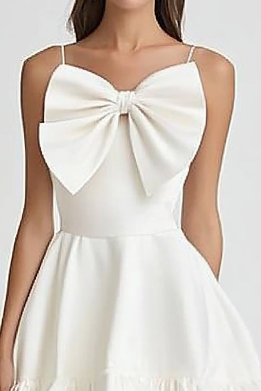 White and Black Ruffled A Line Short Graduation Dress with Bow