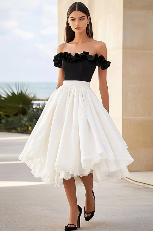 Black White A Line Midi Formal Dress with Ruffles