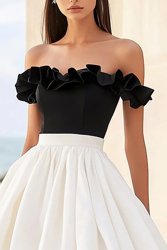 Black White A Line Midi Formal Dress with Ruffles