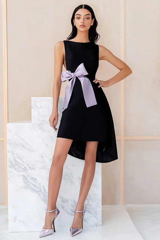 Black Satin A Line Round Neck Short Graduation Dress with Bow