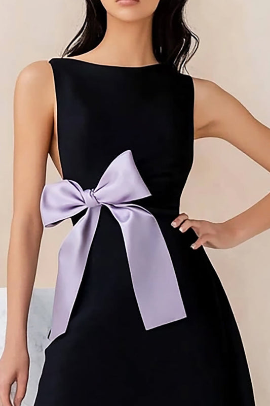 Black Satin A Line Round Neck Short Graduation Dress with Bow