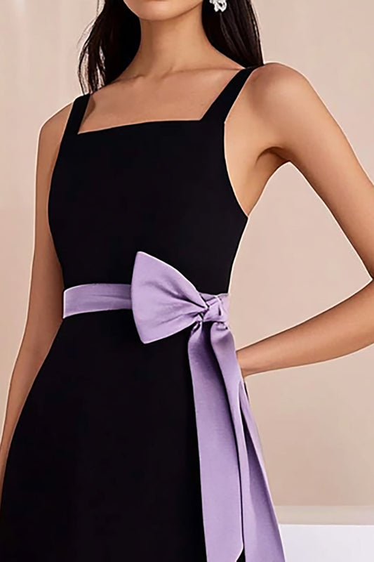 Black Satin Square Neck High-Low Graduation Dress with Bow