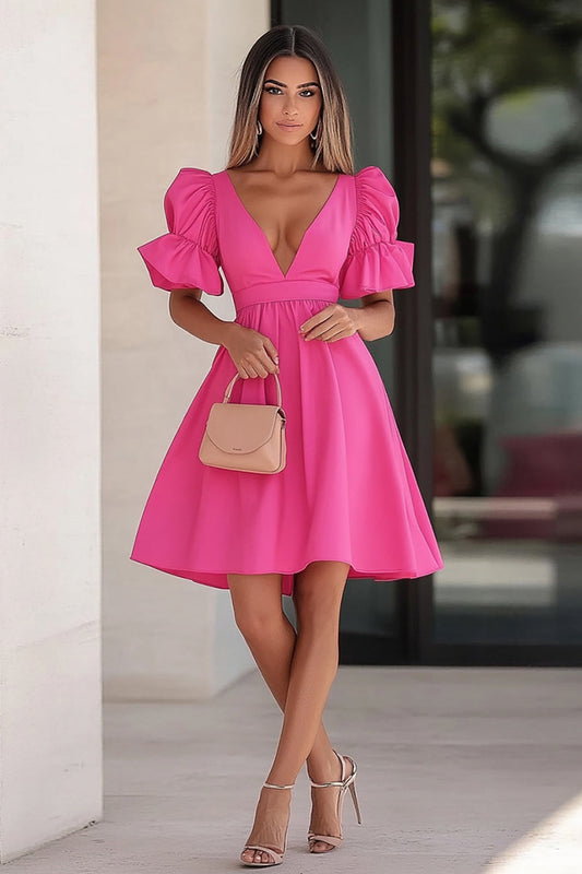Fuchsia V-Neck Satin Short Cocktail Dress with Sleeves