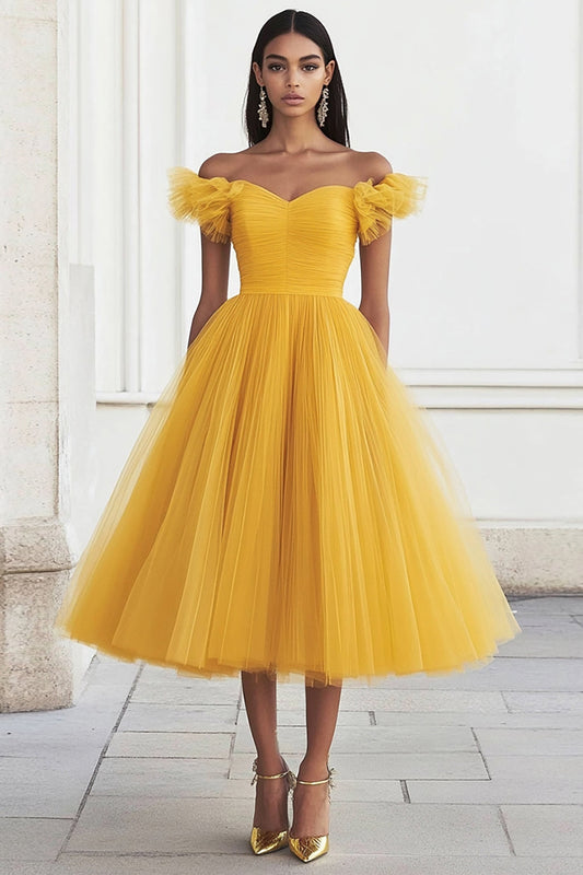 Yellow Tulle A Line Off the Shoulder Midi Formal Dress