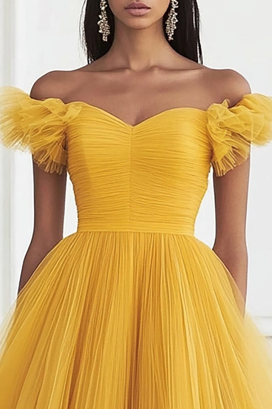 Yellow Tulle A Line Off the Shoulder Midi Formal Dress
