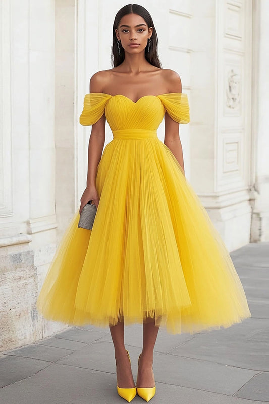 Yellow Tulle Off the Shoulder Midi A Line Formal Dress