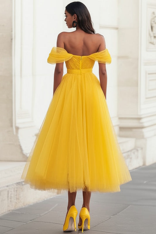 Yellow Tulle Off the Shoulder Midi A Line Formal Dress