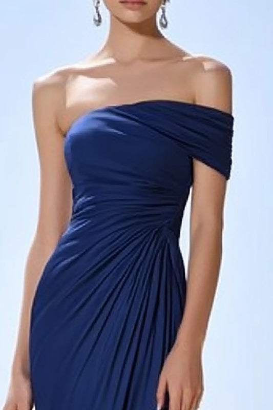 Navy Satin Off the Shoulder Mermaid Long Formal Dress