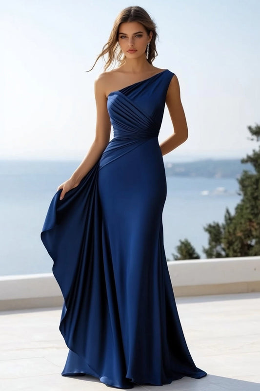 Navy Satin Mermaid Long One Shoulder Formal Dress