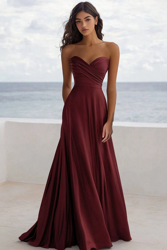 Burgundy Satin A Line Sweetheart Long Formal Dress