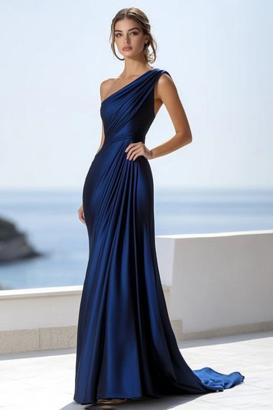 Navy Mermaid Ruched Satin Long One Shoulder Formal Dress