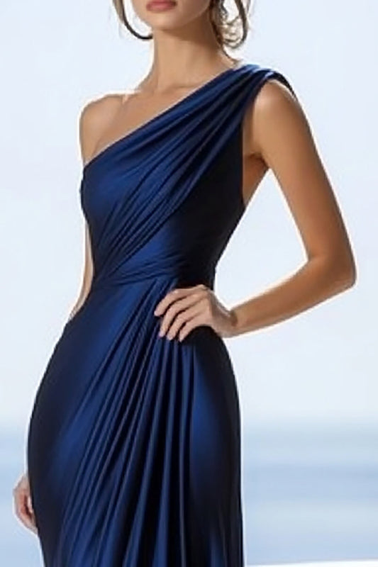Navy Mermaid Ruched Satin Long One Shoulder Formal Dress