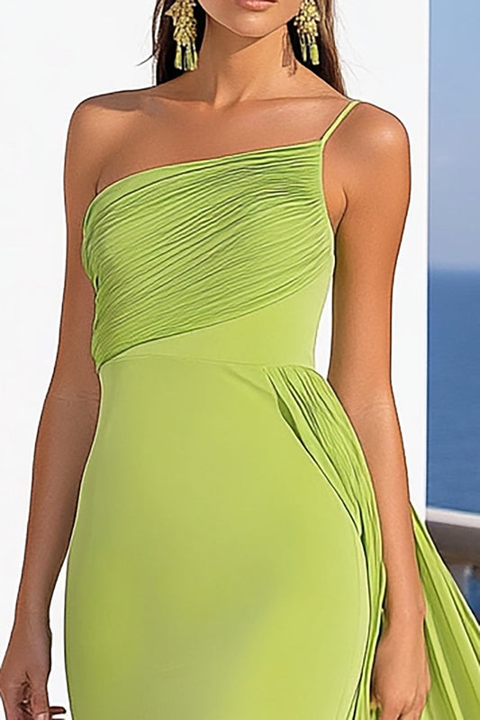 Lemon Green Chiffon Mermaid One Shoulder Long Formal Dress