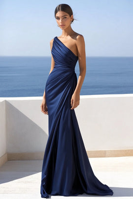 Navy One Shoulder Satin Mermaid Long Ruched Formal Dress