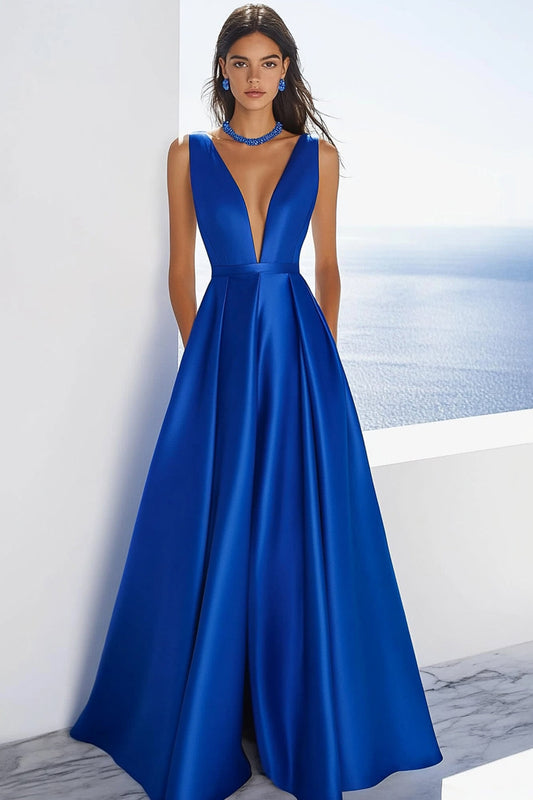 Royal Blue Satin Deep V-Neck A Line Long Formal Dress
