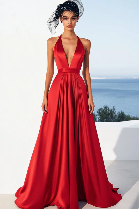 Red A Line Satin Long Halter Formal Dress