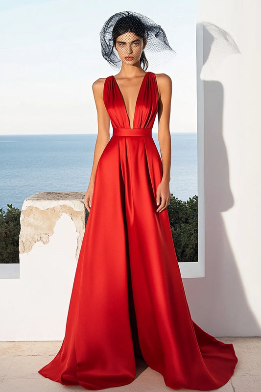 Red Satin Deep V-Neck Long A Line Formal Dress