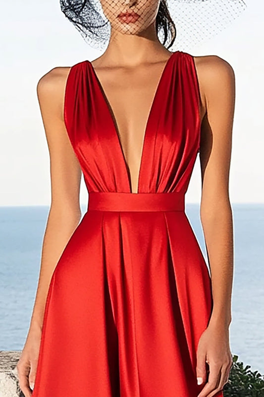 Red Satin Deep V-Neck Long A Line Formal Dress