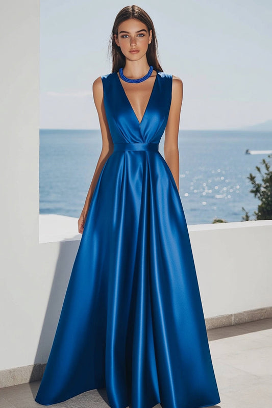 Royal Blue V-Neck A Line Long Satin Formal Dress
