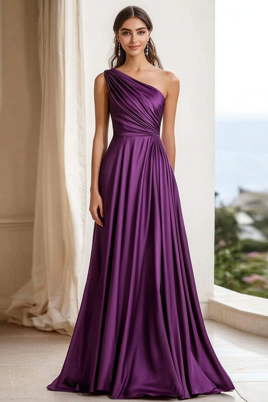 Elegant Plum One Shoulder Long Satin Ruched Formal Dress