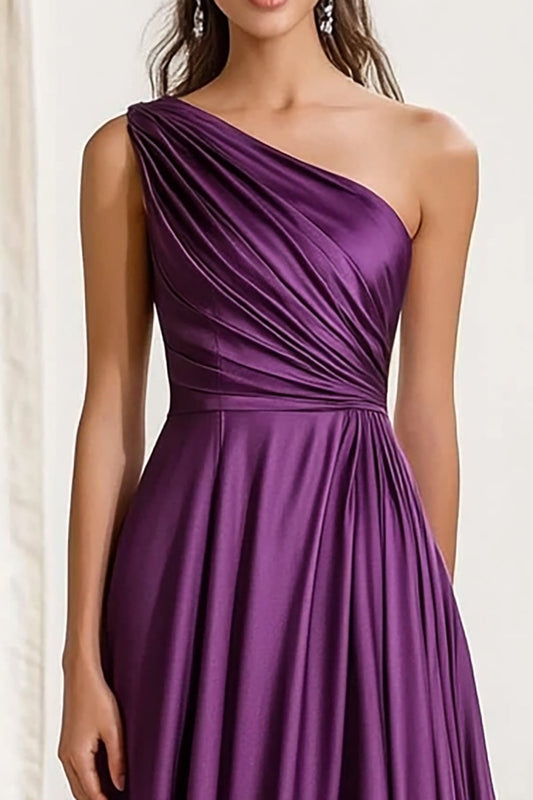 Elegant Plum One Shoulder Long Satin Ruched Formal Dress