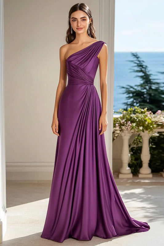 Satin Plum A Line One Shoulder Long Formal Dress