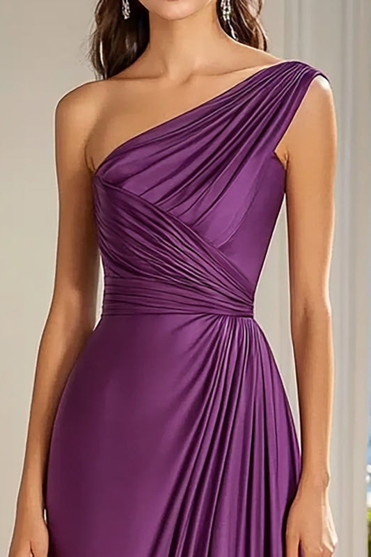 Satin Plum A Line One Shoulder Long Formal Dress